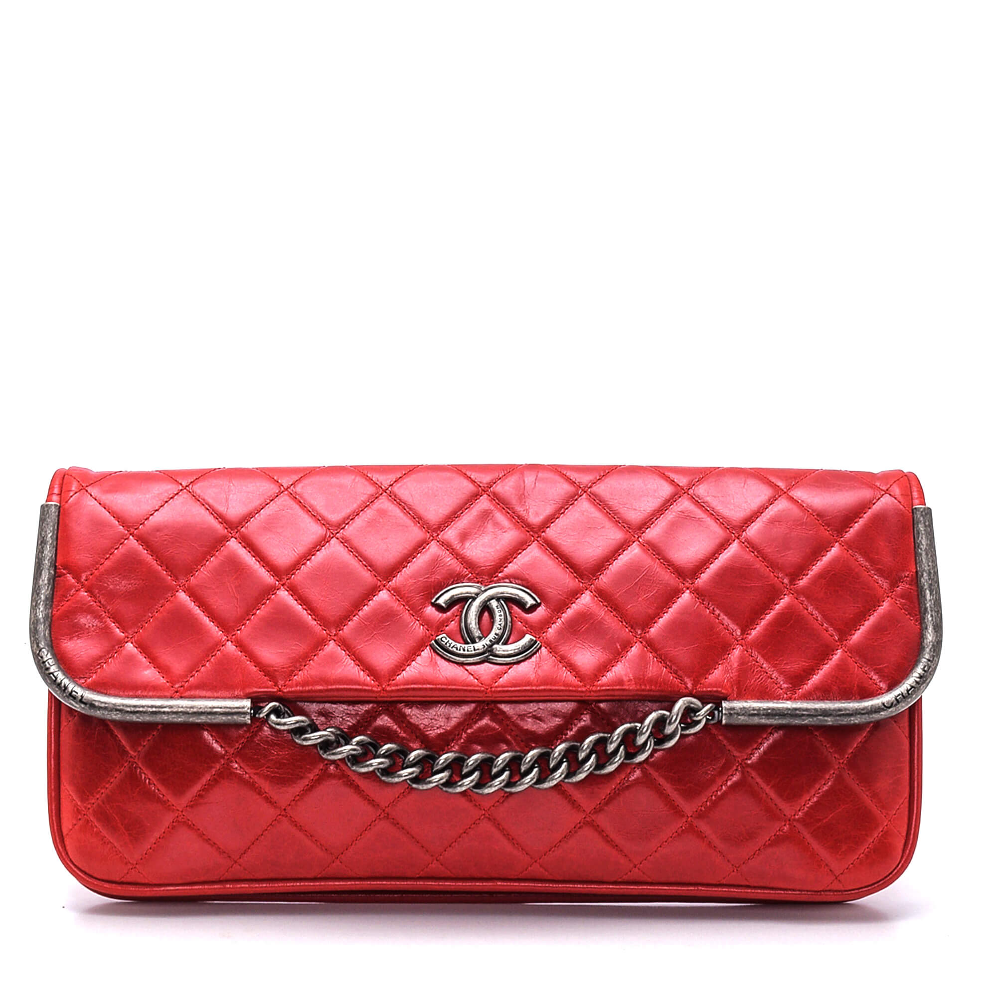 Chanel - Red Quilted Distressed Lambskin Leather Chain Clutch
